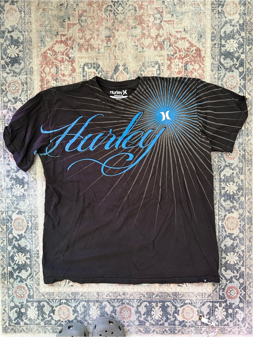 Y2k Skater Hurley Black Crew Neck T-Shirt with Blue Script